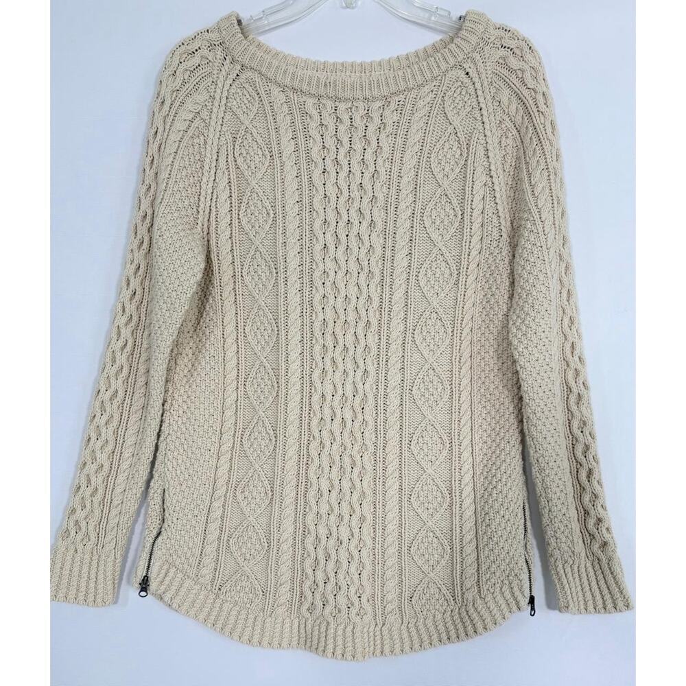 LL Bean Signature Sweater Size S Cream Aran Fisherman Cotton Cable Knit Ivory